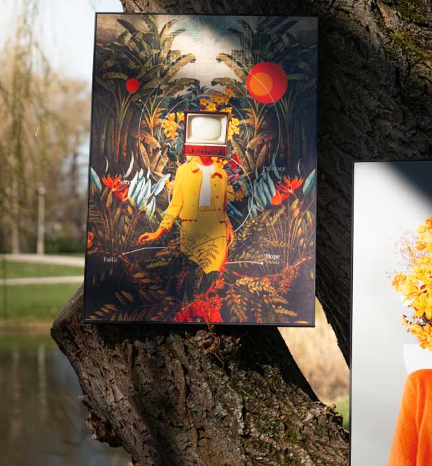 Due stampe surrealiste appese a un albero nel parco – a sinistra: figura con televisore al posto della testa in paesaggio tropicale, a destra: ritratto con fiori gialli al posto del volto